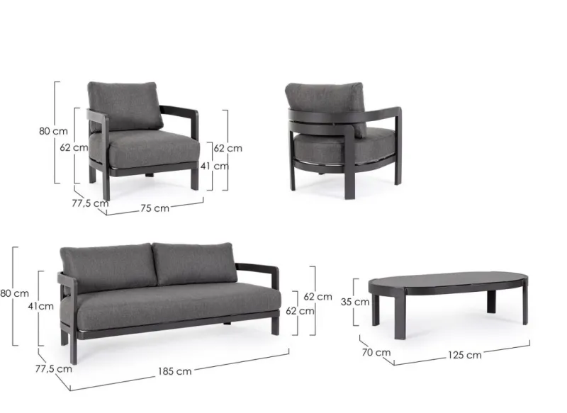 New Bizzotto SET4 SALOTTO IN CORDA PER ESTERNO ANTRACITE WG21 - PRESLEY